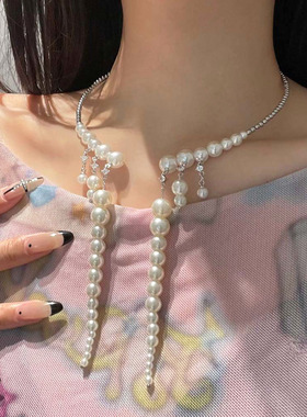 法式复古珍珠串珠流苏项链项圈
