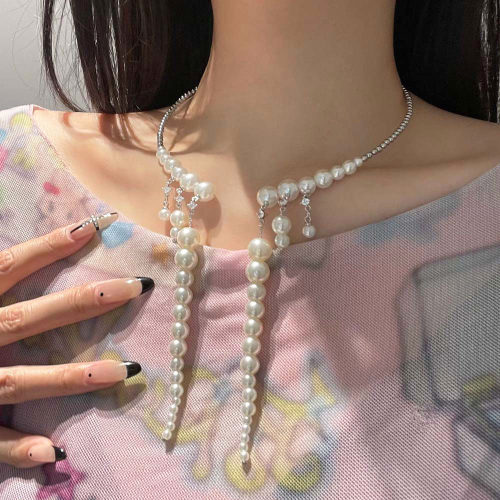 法式复古珍珠串珠流苏项链项圈