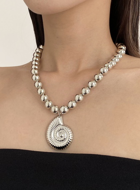 金属银大海螺CCB金属圆球项链
