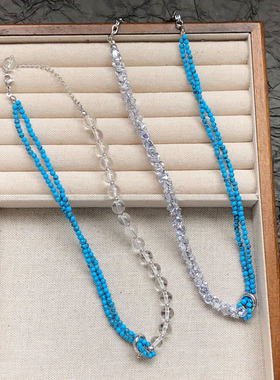 双层叠戴松石闪钻锆石打结项链女