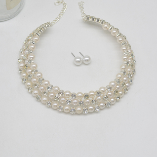 欧美夸张复古三层不规则珍珠闪钻锁骨链名媛气质多层项链颈链耳环