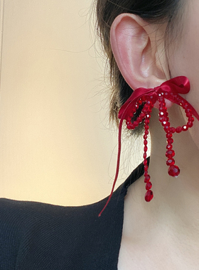 红色丝带蝴蝶结耳环女串珠水晶流苏长款气质舞会晚宴夸张耳饰