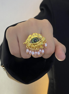 女金属夸张恶魔眼流苏戒指指环