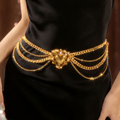 金色镶珍珠爱心多层链条腰链女款 小香风配连衣裙子时髦收腰带腰封