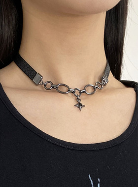 金属镶钻星芒暗黑风皮质项链