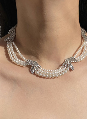 珍珠镶钻水滴多层叠戴女锁骨项链