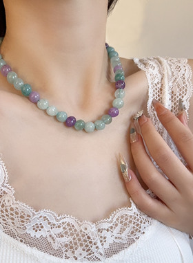 新中式淡青色天然石串珠项链仙女