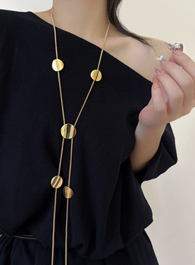 中古风金色圆片气质流苏项链长款