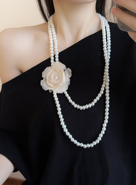 气质轻奢珍珠串珠布艺大花项链女