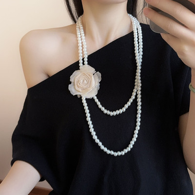 气质轻奢珍珠串珠布艺大花项链女