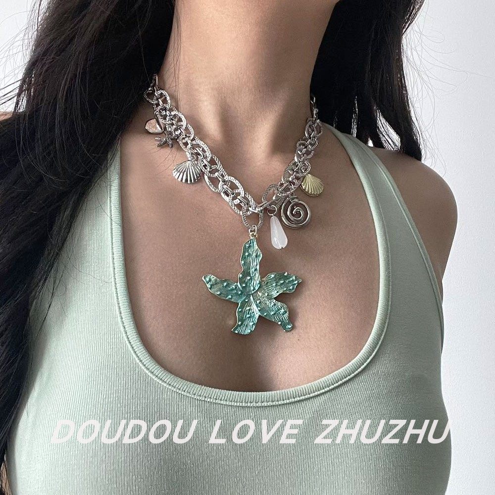甜酷金属天蓝海星吊坠项链女度假风花朵贝壳潮酷辣妹流苏锁骨链