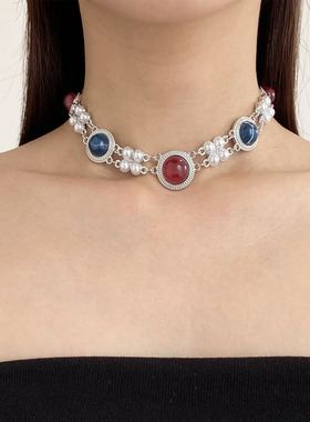 中古高级感珍珠红宝石双层颈链