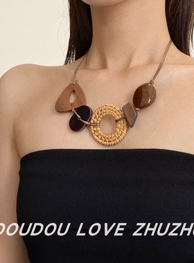 复古波西米亚民族风短款藤编项链