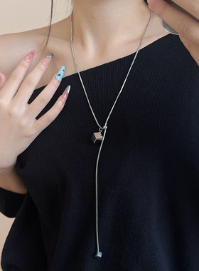 简约银色方块钛钢链可调节项链女