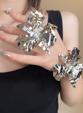 夸张银色金属立体花朵手镯戒指女