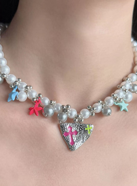 韩系串珠星星音符十字爱心项链女