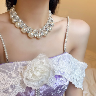 港风重工闪钻珍珠串珠项链女锁骨链轻奢高级感气质时尚choker颈链