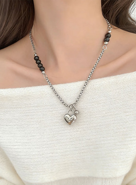 时髦甜酷银色爱心吊坠黑曜石项链