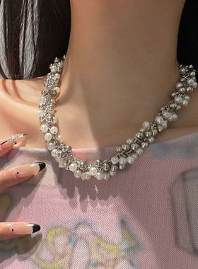 金属圆球编织珍珠流苏项链颈链女