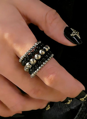 多层缠绕金属圆珠珍珠戒指宽版潮