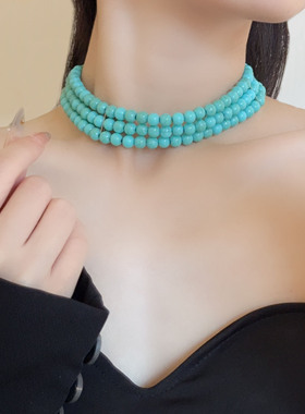 法式复古多层绿松石串珠项链女潮