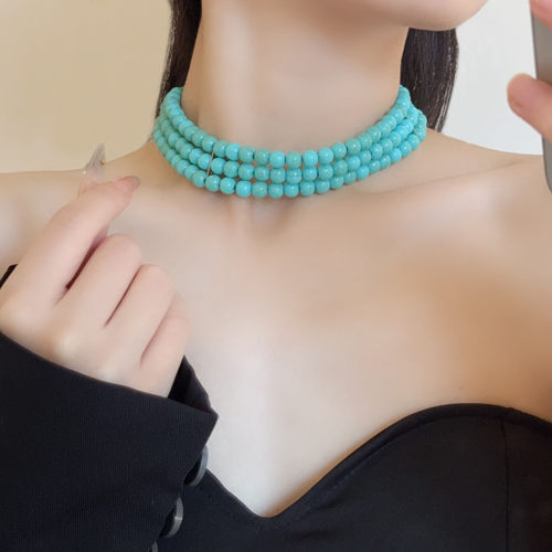法式复古多层绿松石串珠项链女潮