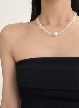 透明水晶串珠项链珍珠锁骨链颈链