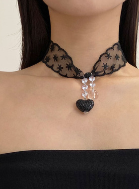 时尚闪钻爱心仿水晶流苏蕾丝项链