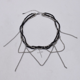 暗黑水晶缠绕链条流苏十字架吊坠项链甜酷风多层叠戴颈链锁骨链女