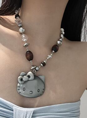 卡通小猫吊坠串珠项链女锁骨链
