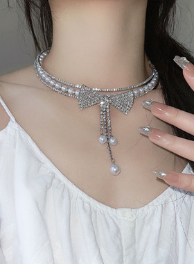 超闪镶钻蝴蝶珍珠项链女晚宴礼服