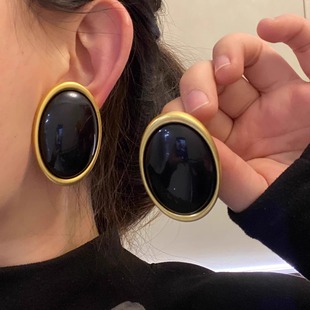 欧美夸张金属椭圆复古vintage琉璃黑色大几何耳环简约高级感耳钉