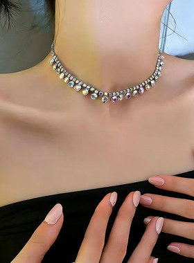 法式复古镶钻幻彩水晶锁骨链女款