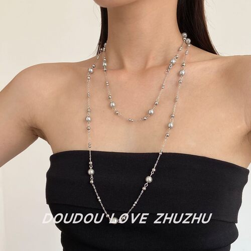 甜酷串珠灰色珍珠多层长款项链女爆款气质轻奢叠戴毛衣链夏季配饰 - 封面