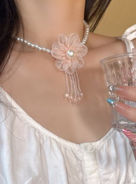浪漫珍珠串珠丝质花朵流苏项链女