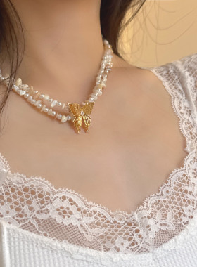 双层异型珍珠串珠镶钻蝴蝶女项链