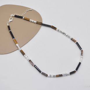 复古小众串珠不规则竹节天然虎眼石项链碎银锁骨链女气质轻奢潮