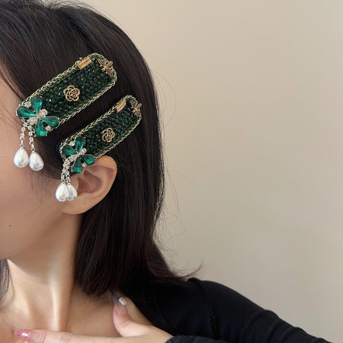 韩国重工绿钻蝴蝶发夹女珍珠流苏