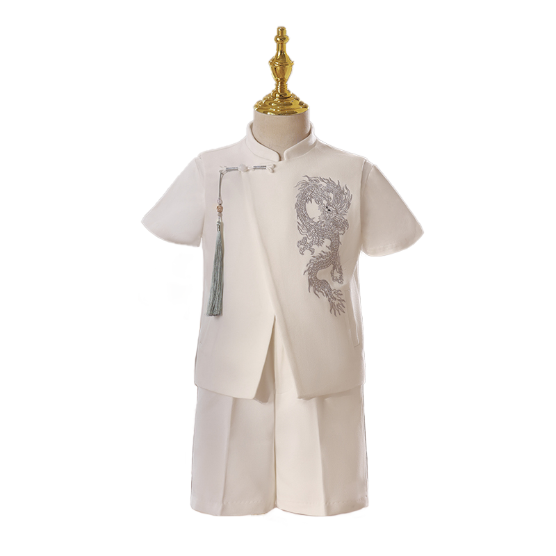 儿童西装套装2025新款夏季中式主持人礼服男童白色钢琴演出服花童