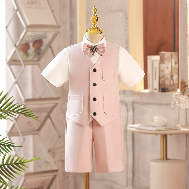 【清仓】男童礼服夏季儿童主持人西装套装粉色走秀演出服花童马甲