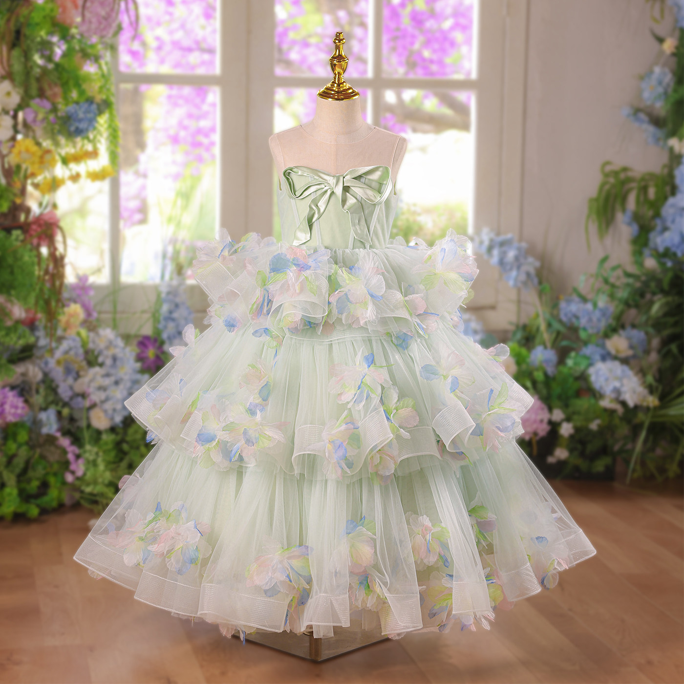 薄荷绿花朵女童礼服重工蛋糕裙公主风生日宴会主持钢琴唱歌演出服