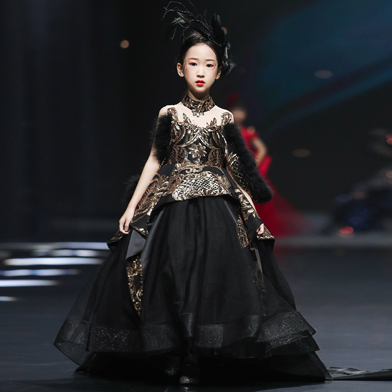 儿童礼服公主裙女童黑色霸气童模走秀生日轻奢小众高端钢琴演出服
