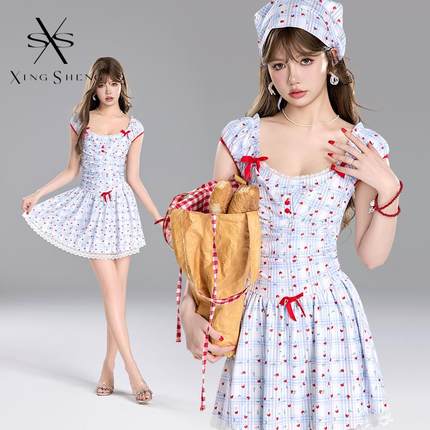 高级感泳衣女新款连体裙式韩ins格子印花保守遮肚显瘦纯欲少女风