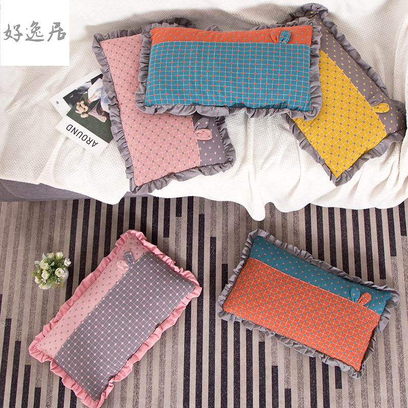 全棉儿童荞麦兔儿枕荷叶边格纹拼色成人方形花草枕午睡枕现货销售