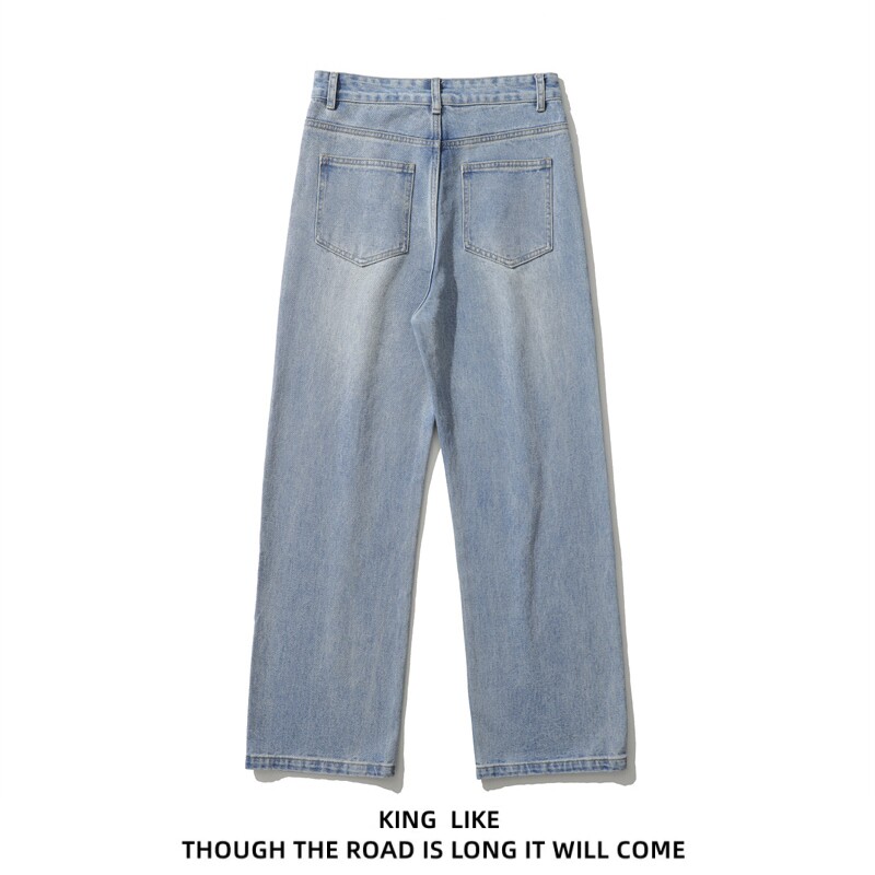 가을 루즈 캐주얼 커플 드레이프 와이드 레그 팬츠 남성용 킹 라이크 일본 복고풍 디스트레스드 스트레이트 청바지