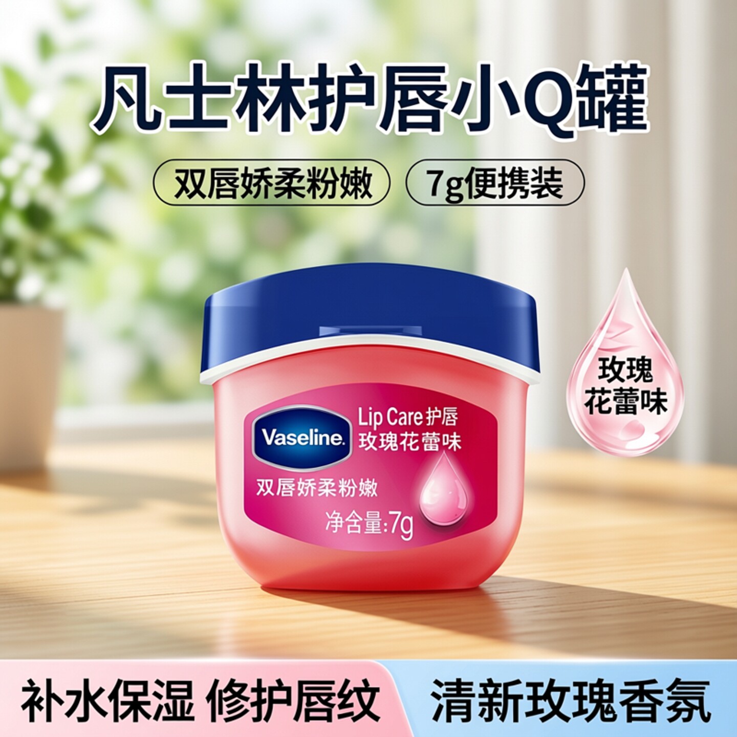 凡士林微醺润唇膏小Q 罐补水保湿修护唇膜防唇干裂清新玫瑰花蕾味
