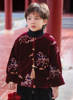 男童红色外套2025新款冬季马年本命年服儿童夹棉加厚男孩马甲套装