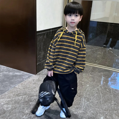 童装男童秋装卫衣2025新款男孩条纹秋款儿童衣服中大童连帽上衣潮