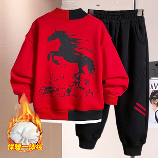 童装男童加绒套装冬季新款男孩红色中大童2025马年本命年儿童衣服