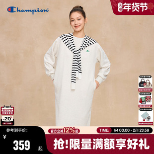 Champion冠军长袖连衣裙女2025秋季新款纯色圆领H型休闲长裙潮牌